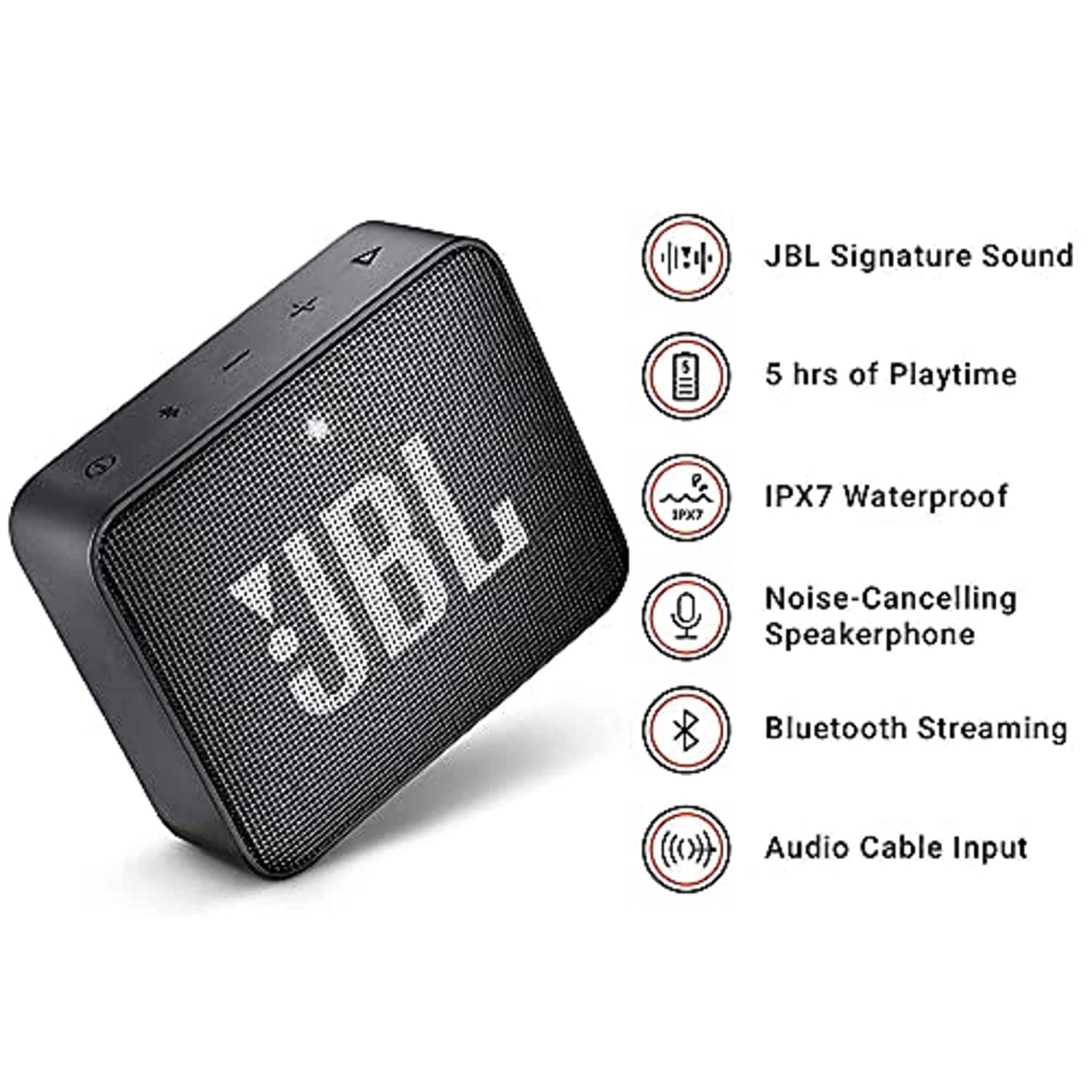 JBL Go 2, Wireless Portable Bluetooth Speaker with Mic, Signature Sound, Vibrant Color Options with IPX7 Waterproof & AUX (Black)