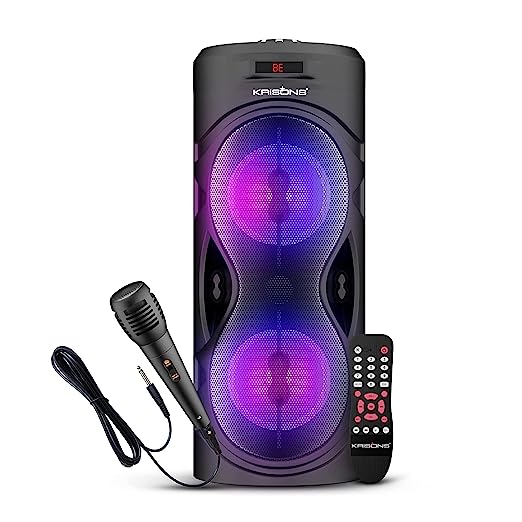 Krisons Cylender 4” Double Woofer 30W Multi-Media Bluetooth Party Speaker with Wired Mic for Karaoke, RGB Lights, USB, SD Card and FM Radio