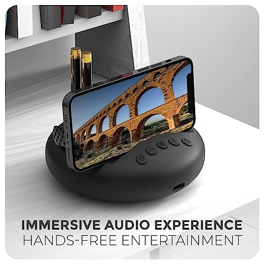 XECH Bluetooth Speaker with Phone Stand 5W Portable Mini Speaker with Mic & Rich Bass Stereo Sound TWS Pairing USB C Charging 6H Playtime Pen & Smartphone Holder for PC Desktop Homes Offices (Arc) (Black) - Image 2