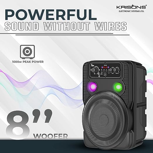 Krisons Ultima Party Speaker with RGB Lights, Trolley Bluetooth Speaker, 8-inch Woofer, Free Wireless Mic, 4 Hours Playback, RGB Lights, USB Input, TF Card, Aux Input - Image 2