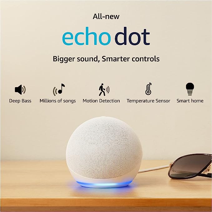 All-New Echo Dot (5th Gen, 2023 release) | Smart speaker with Bigger sound, Motion Detection, Temperature Sensor, Alexa and Bluetooth| White