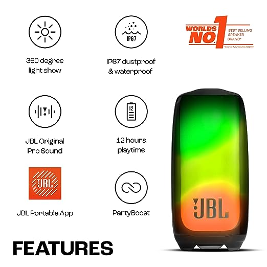 JBL Pulse 5, Wireless Portable Bluetooth Speaker, 40 Watt, Customized 360° Lightshow Portable App, Pro Sound, Deep Bass, 12 Hours Playtime, PartyBoost, IP67 Waterproof & Dustproof (Black) - Image 2